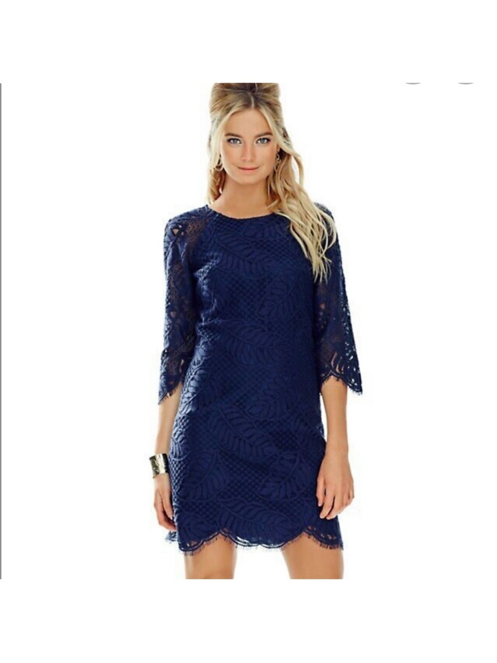 NWT Lilly Pulitzer Rylee Navy Lace Shift Dress with Three-Quarter Sleeves